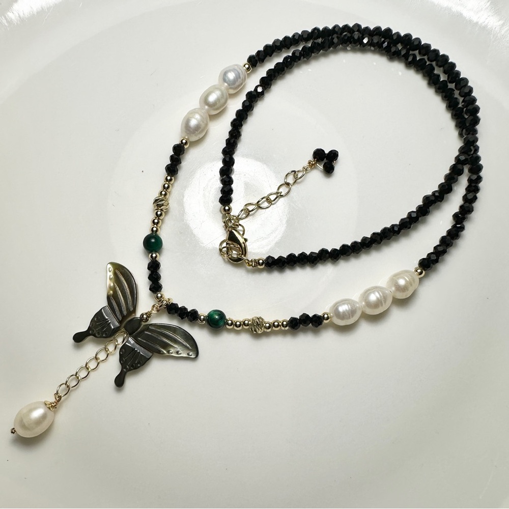 One Genuine Freshwater Pearl Faceted Spinel Crystal & Shell Butterfly Necklace